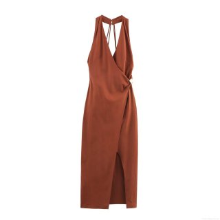 Women Elegant Halterneck Midi Dress Backless Cross Straps Linen Blend Dress With Metal Buckle High Slit Sexy Satin Socialite Style Cocktail Party Evening Dress
