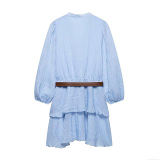 Elegant Women Azure Blue V-Neck Long Sleeve Mini Dress With Brown Belt Crinkle Textured Fabric Tiered Layered Cake Skirt For Casual Party Fashion