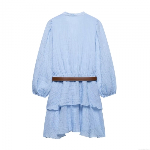 Elegant Women Azure Blue V-Neck Long Sleeve Mini Dress With Brown Belt Crinkle Textured Fabric Tiered Layered Cake Skirt For Casual Party Fashion