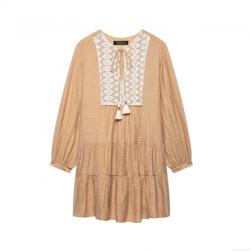 Women's Bohemian Tiered Mini Dress With Lace Crochet Tassel Tie Neck Long Sleeve Textured Solid Color Casual Elegant Dress For Women