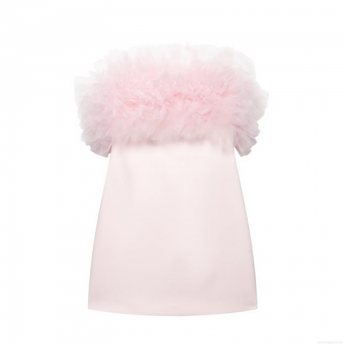 Women's Elegant Pink Mesh Tulle Satin Mini Dress Off-Shoulder Tube Top Ruffle Slim Fit Sleeveless Party Evening Prom Dress