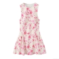 Women's Elegant Pink Floral Print Sleeveless Mini Dress Round Neck Ruffle A-Line Poplin Sundress For Summer Party Dating