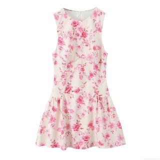 Women's Elegant Pink Floral Print Sleeveless Mini Dress Round Neck Ruffle A-Line Poplin Sundress For Summer Party Dating