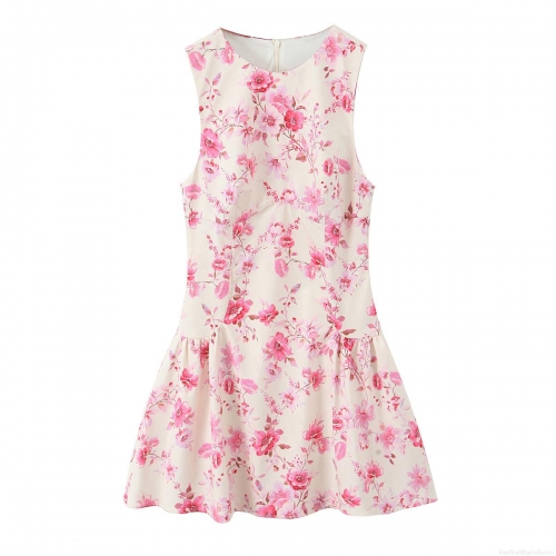 Women's Elegant Pink Floral Print Sleeveless Mini Dress Round Neck Ruffle A-Line Poplin Sundress For Summer Party Dating
