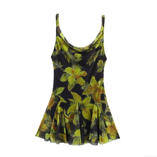 Women's Sexy Mesh Floral Print Mini Dress Sleeveless Spaghetti Strap Cowl Neck Ruched Bodycon Party Dress Elegant Socialite Summer Sun Dress