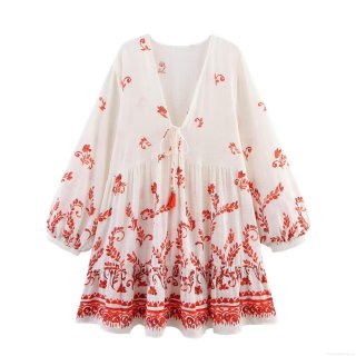 Women's Vintage Floral Print Mini Dress Linen V Neck Long Sleeve Ruffle Hem Bohemian Vacation Beach Dress With Tassels