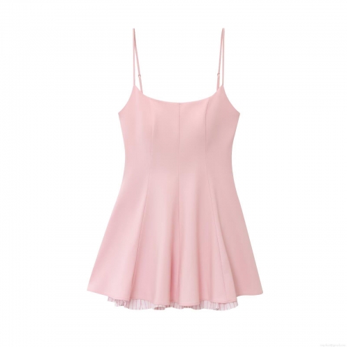 Women's Elegant Pink Camisole Dress Polyester Striped Ruffle Hem Mini Dress for Summer Party Vacation Socialite Style A-Line Splicing Dress