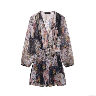 Women Floral Mini Dress Chiffon Polyester With Metal Lurex Lace V-Neck Lantern Sleeve Tie Waist Elegant Vintage Party Dresses