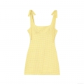 Women's Yellow Gingham Mini Dress Bow Tie Shoulder Straps Square Neck Sleeveless Slim Fit Polyester Dress Elegant Summer Party Daily Wear Clothing