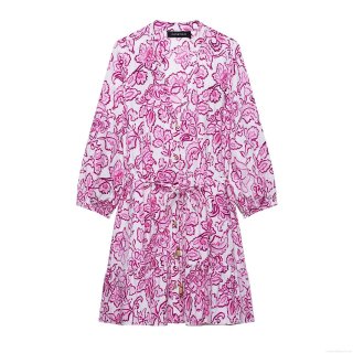 Women's Elegant Floral Print Mini Dress V-Neck Button Down Long Sleeve Ruffle Hem Dress With Drawstring Tie Waist Polyester Crepe Beach Vacation Dress