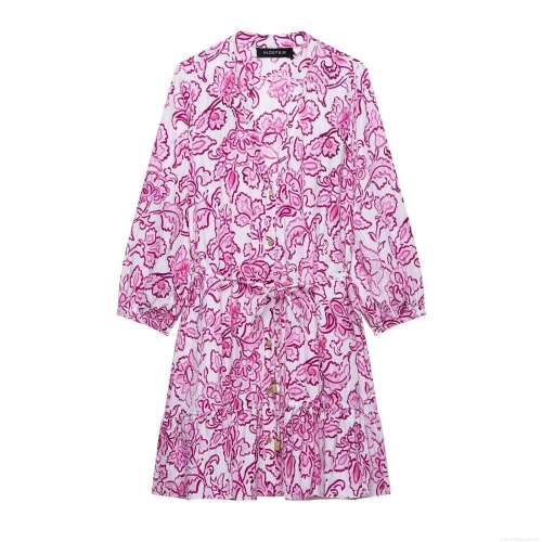 Women's Elegant Floral Print Mini Dress V-Neck Button Down Long Sleeve Ruffle Hem Dress With Drawstring Tie Waist Polyester Crepe Beach Vacation Dress