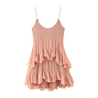 Womens Sexy Pink Chiffon Layered Ruffle Camisole Dress Sleeveless U-Neck Elegant Mini Slip Dress For Party Dating Banquet Elegant Summer Dress
