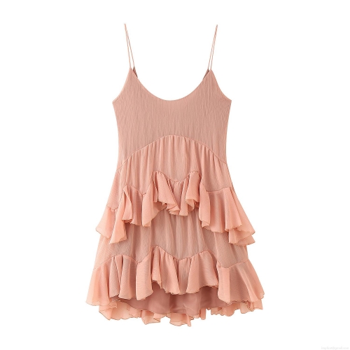 Womens Sexy Pink Chiffon Layered Ruffle Camisole Dress Sleeveless U-Neck Elegant Mini Slip Dress For Party Dating Banquet Elegant Summer Dress