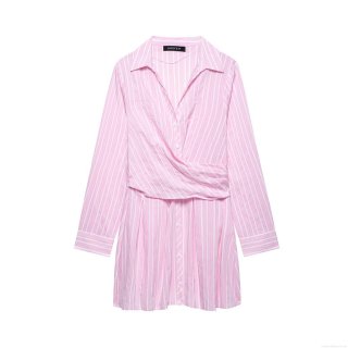 Women's Pink Striped Long Sleeve Shirt Dress Cotton Polyester Blend Button Down Waist Tie Mini Dress For Daily Party Elegant Celebrity Style
