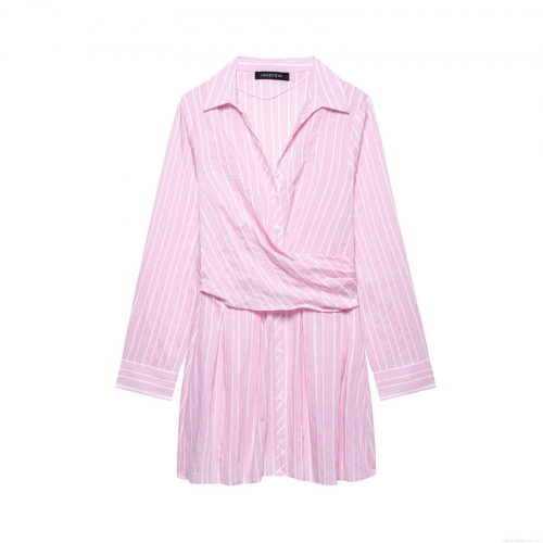 Women's Pink Striped Long Sleeve Shirt Dress Cotton Polyester Blend Button Down Waist Tie Mini Dress For Daily Party Elegant Celebrity Style