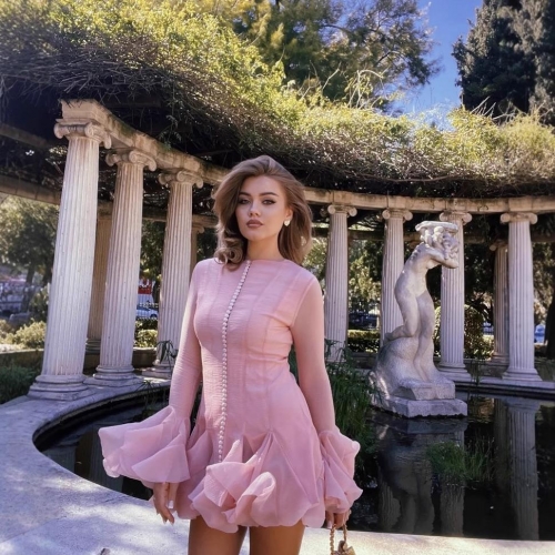 Women's Elegant Tiered Ruffle Mini Dress Long Bell Sleeve Pearl Button Front Solid Color Crinkled Chiffon Party Wedding Guest Dresses