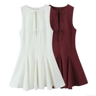 Women's Elegant Sleeveless A-Line Mini Dress Polyester Solid Color With Bow Cut-out Design Round Neck Pleated Party Cocktail Dress For Women
