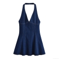 Women Sexy Halter Denim Dress Deep V-Neck Backless A-Line Mini Blue Cotton Blend Jean Dresses For Women Summer Party Casual Style
