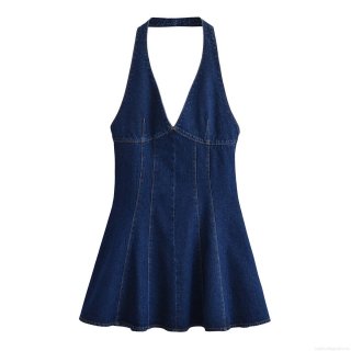 Women Sexy Halter Denim Dress Deep V-Neck Backless A-Line Mini Blue Cotton Blend Jean Dresses For Women Summer Party Casual Style