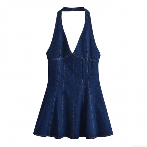 Women Sexy Halter Denim Dress Deep V-Neck Backless A-Line Mini Blue Cotton Blend Jean Dresses For Women Summer Party Casual Style