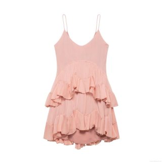 Women Sexy Pink Spaghetti Strap V Neck Tiered Ruffle Mini Dress Elegant Chiffon Textured Pleated Layered Cocktail Party Vacation Fashion Dress