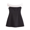 Women's Elegant Off-Shoulder Mini Dress Black White Contrast Splicing 100% Polyester Sleeveless Bodycon Party Dress Slim Fit Clubwear Lady