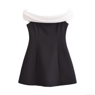 Women's Elegant Off-Shoulder Mini Dress Black White Contrast Splicing 100% Polyester Sleeveless Bodycon Party Dress Slim Fit Clubwear Lady
