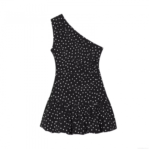 Women's One Shoulder Polka Dot Mini Dress Elegant Ruched Ruffle Hem Bodycon Dress For Party Cocktail Date Night Fashion Socialite Sleeveless Dress