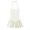 Ivory White Halter Neck Ruffled Mini Dress Elegant Backless Tiered Layered Party Dress For Women Sexy Slim Fit Bodycon Woven Dress With Striped Lining