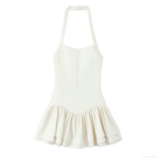 Ivory White Halter Neck Ruffled Mini Dress Elegant Backless Tiered Layered Party Dress For Women Sexy Slim Fit Bodycon Woven Dress With Striped Lining