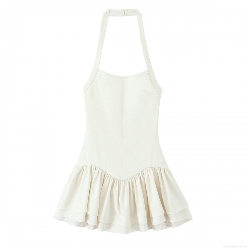 Ivory White Halter Neck Ruffled Mini Dress Elegant Backless Tiered Layered Party Dress For Women Sexy Slim Fit Bodycon Woven Dress With Striped Lining