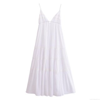 Women's White V-Neck Backless Maxi Dress Bohemian Lace Patchwork Spaghetti Strap Long Sundress Sexy Elegant Party Vacation Dress For Ladies