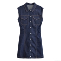 Women Fashion Dark Blue Denim Mini Dress Sleeveless Lapel Button Up Jean Vest Dress With Contrast Stitching And Cargo Pockets For Casual Daily Party Lady