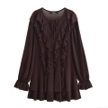 Women's Elegant V-Neck Tie-Front Bow Layered Ruffle Long Sleeve Chiffon Mini Dress Solid Coffee Brown Party Evening Dress