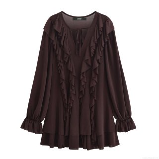 Women's Elegant V-Neck Tie-Front Bow Layered Ruffle Long Sleeve Chiffon Mini Dress Solid Coffee Brown Party Evening Dress