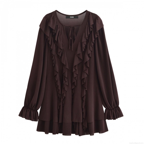 Women's Elegant V-Neck Tie-Front Bow Layered Ruffle Long Sleeve Chiffon Mini Dress Solid Coffee Brown Party Evening Dress