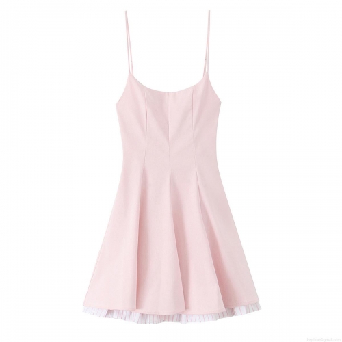 Women's Sexy Pink Camisole Mini Dress Polyester V-Neck Sleeveless Striped Patchwork Hem Elegant A-Line Party Dress Summer Fashion