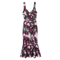 Women Elegant Slim Fit Printed Fishtail Maxi Dress Sicilian Style Grape Pattern Heart Neck Sleeveless Camisole Polyester Bodycon Long Dress For Summer Party Wedding