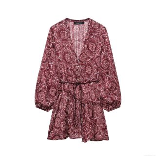 Bohemian V-Neck Mini Dress Chiffon Polyester Long Sleeve Drawstring Waist Button Down Vintage Paisley Print Women's Casual Vacation Party Dress