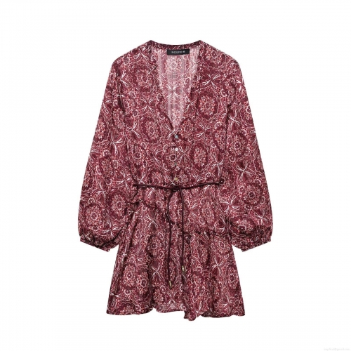 Bohemian V-Neck Mini Dress Chiffon Polyester Long Sleeve Drawstring Waist Button Down Vintage Paisley Print Women's Casual Vacation Party Dress