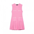 Women's Elegant Pink Knit Mini Dress Sleeveless Round Neck Patchwork Pleated Hem With Decorative Golden Buttons Casual Party Sleeveless Dress For Women