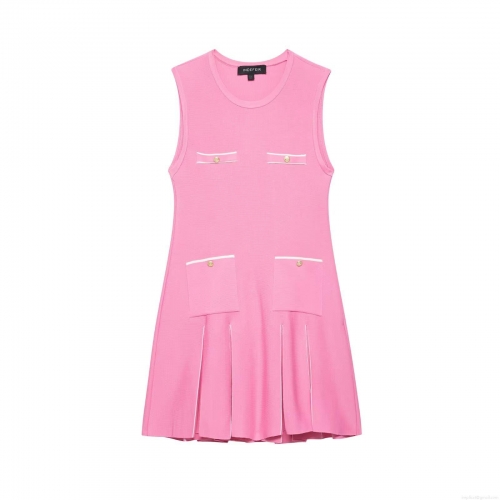 Women's Elegant Pink Knit Mini Dress Sleeveless Round Neck Patchwork Pleated Hem With Decorative Golden Buttons Casual Party Sleeveless Dress For Women