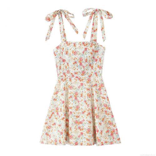 Women Floral Print Cami Mini Dress Cottagecore Square Neck Tie Shoulder Sleeveless High Waist A-Line Back Zipper Summer Holiday Sundress Elegant Fashion Ladies Clothing