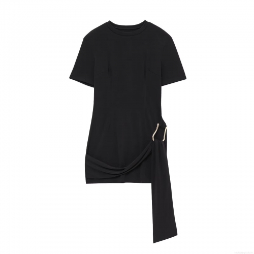 Women's Short Sleeve Round Neck Mini Dress Featuring Horseshoe Metal Buckle Side Drape Detail Solid Black Polyester Slim Fit Bodycon Dress For Office Sophisticated Occasions