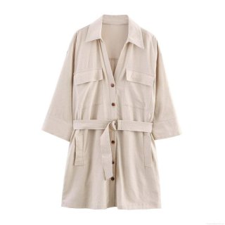Women's Elegant Linen Blend Mini Shirt Dress With Belt V Neck Single Breasted Pockets Solid Color Casual Summer Vacation Short Dress