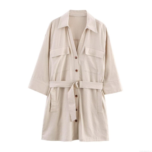 Women's Elegant Linen Blend Mini Shirt Dress With Belt V Neck Single Breasted Pockets Solid Color Casual Summer Vacation Short Dress