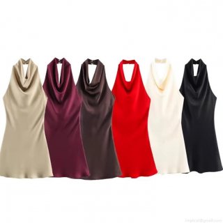 Women's Sexy Cowl Neck Halter Satin Mini Dress Backless Sleeveless Silky Polyester Party Cocktail Clubwear Evening Dress For Ladies