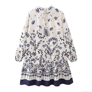 Women's Elegant Long Sleeve Floral Print Mini Dress With V-Neck Tassels Tie Polyester Woven Layered Hem Casual Boho Dress For Party Daily
