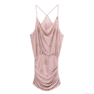 Women Sexy Pink Sequin Beaded Mini Dress Cowl Neck Mesh Ruching Camisole Sleeveless Bodycon Party Evening Clubwear Dress