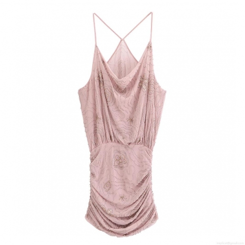 Women Sexy Pink Sequin Beaded Mini Dress Cowl Neck Mesh Ruching Camisole Sleeveless Bodycon Party Evening Clubwear Dress